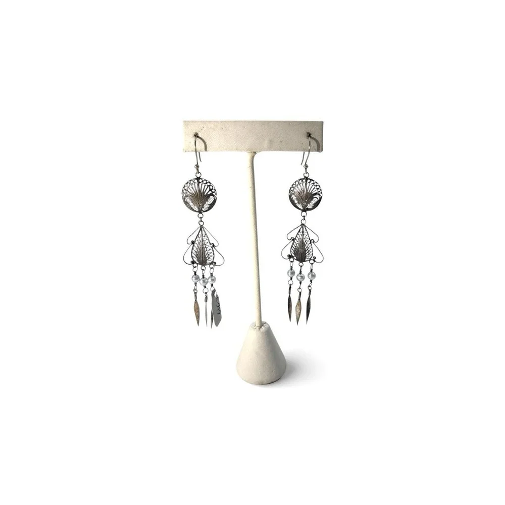 Vintage Yvone Christa Sterling Silver 925 Pearl Filigree Pierced Dangle Earrings